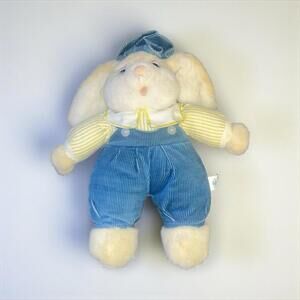 Vtg K.B. Bros Inc Plush Bunny Rabbit Stuffed Animal Striped Shirt Overalls Hat